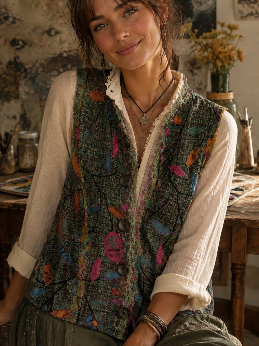 Vtg Canvasbacks Vest Art to Wear Floral Raw Edge Silk Granola Earthy Indie Boho